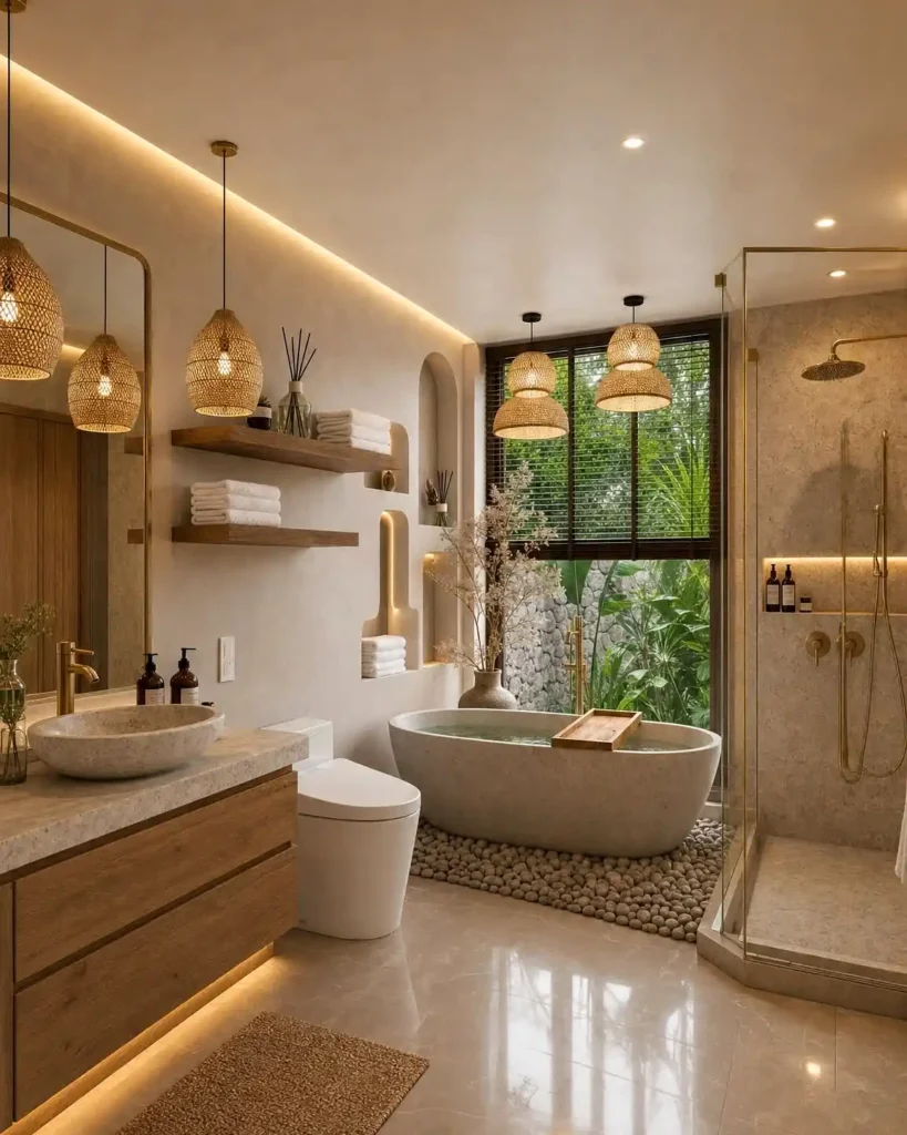 Luxury spa-style bathroom with a freestanding bathtub, glass-enclosed shower, and floating wooden vanity. Warm lighting, natural textures, and large windows create a relaxing and elegant atmosphere.