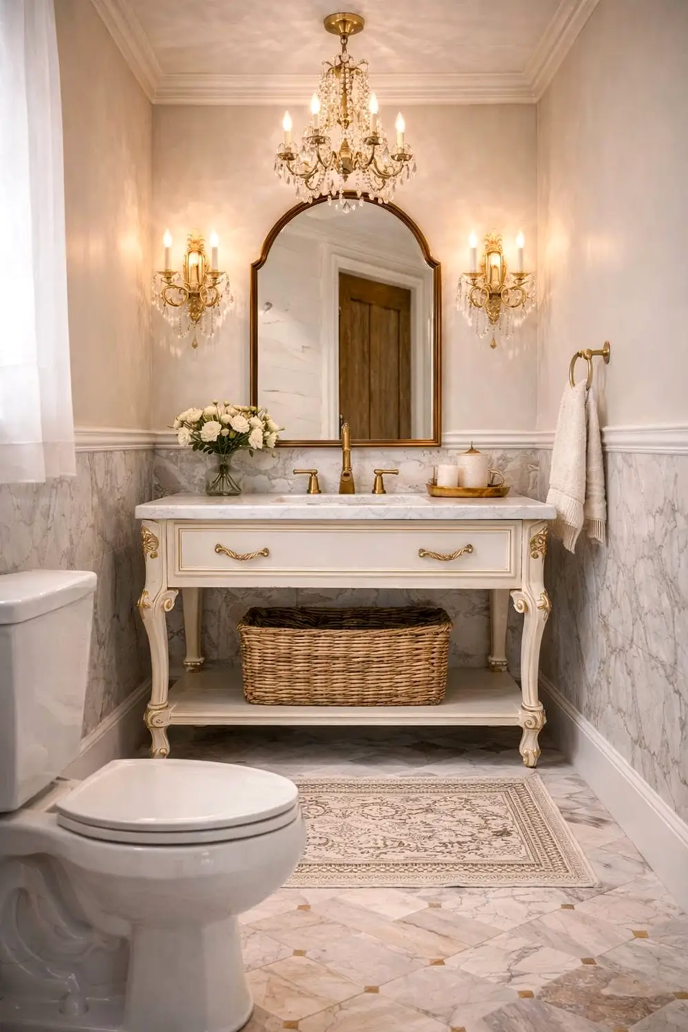 An elegant French-style bathroom renovation showcasing a marble tile floor, ornate white vanity with gold hardware, and a crystal chandelier for a timeless upscale look. The arched gold-framed mirror paired with matching brass wall sconces creates a warm, classic ambiance. Ideal for homeowners seeking a luxury bathroom remodel.