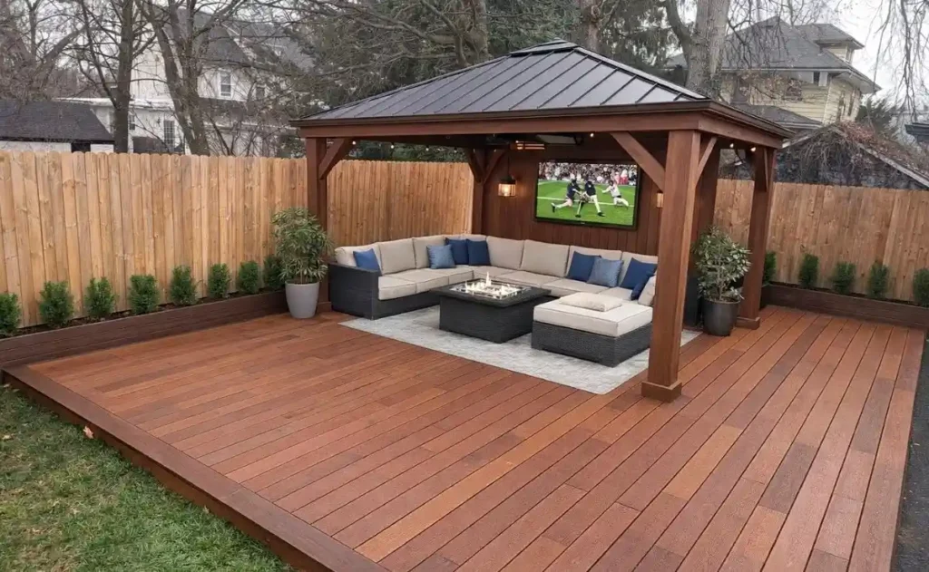 A stunning curved multi-level composite deck with warm brown Trex-style boards, black post cap railings, built-in step lighting, and an upper dining area with umbrella and wicker furniture surrounded by lush greenery. A premium deck builder project showcasing expert craftsmanship for Philadelphia outdoor spaces.