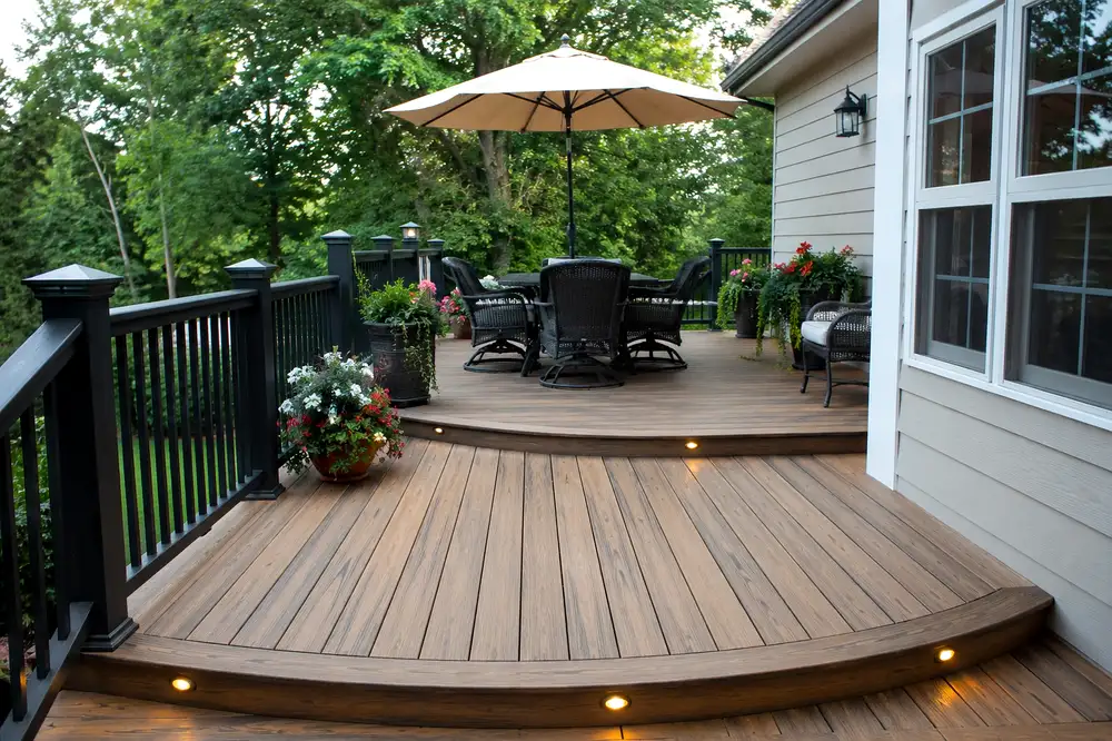 A beautiful hardwood deck renovation showcasing rich mahogany composite boards, a modern white home exterior with large sliding glass doors, and clean minimalist outdoor furniture. This bright, open deck design adds significant curb appeal and outdoor living value to any Philadelphia home remodel.